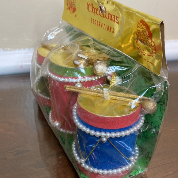 Vtg Lot Drums Christmas Tree Ornaments Japanese Cardboard Felt Beads - NIP - Picture 3 of 7